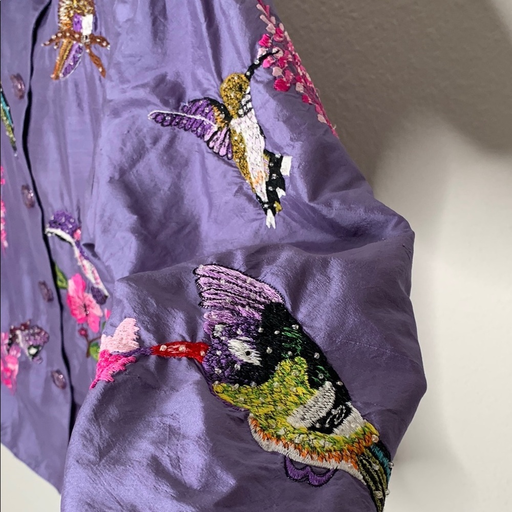 Vintage Anage Silk Purple Embroidered Hummingbird Fully Lined Bird Jacket Size M - Picture 5 of 9